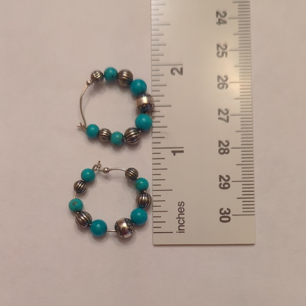 Silver and Turquoise Beaded Hoop Earrings - Picture 2 of 4